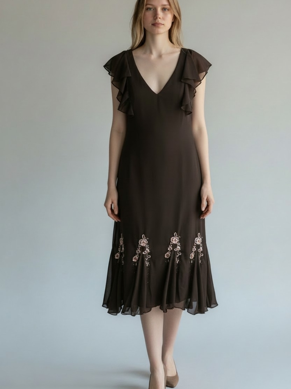 dressbarn Brown V-Neck Midi Dress with Ruffle Sleeves